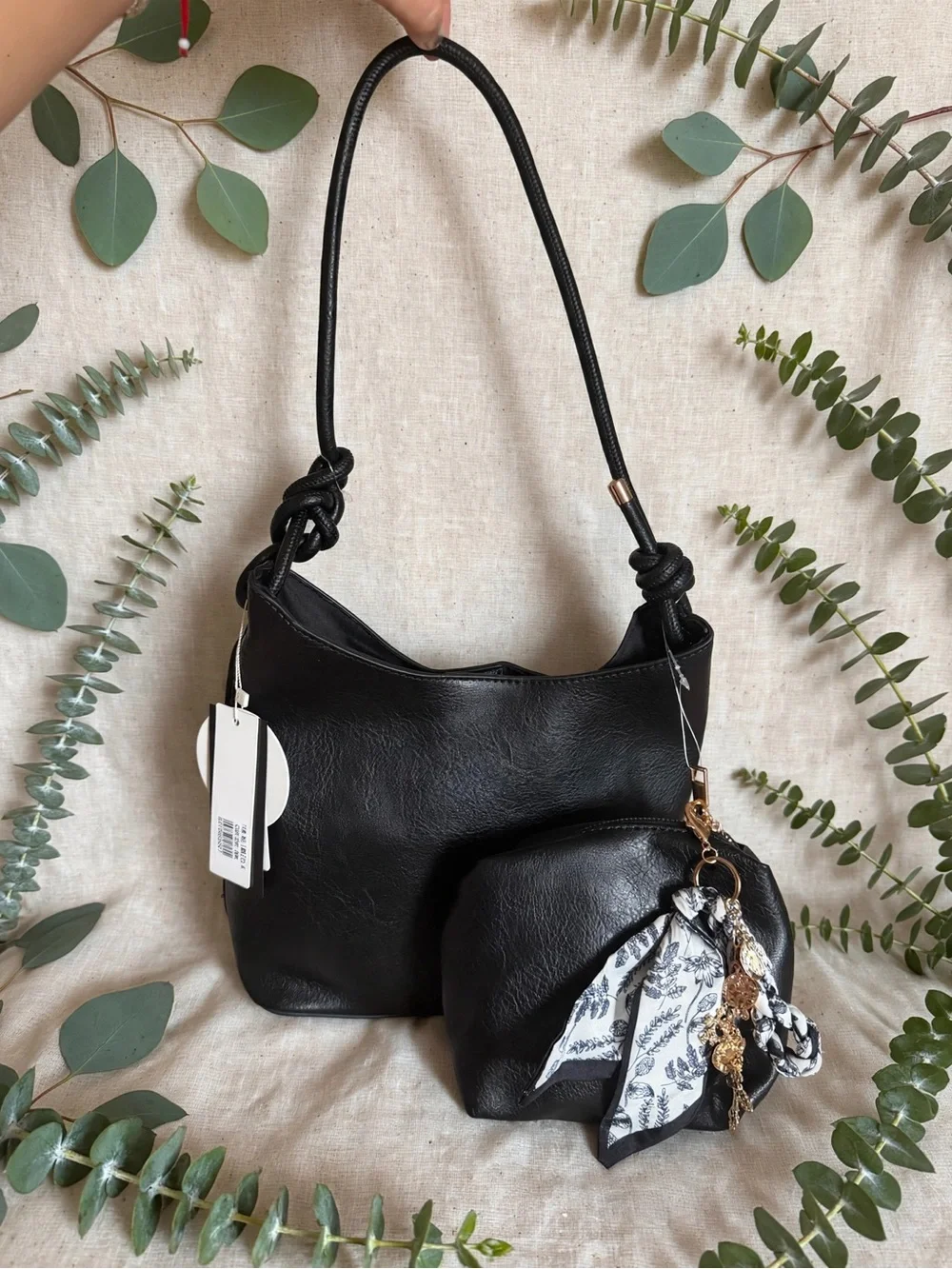Black Women's Hobo Shoulder Bag with Decorative Scarf and Charm Accent
